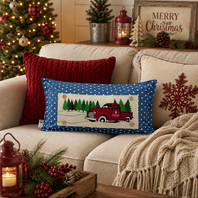 Red Buffalo Plaid Christmas Tree Truck Interchangeable Rectangle Pillow Panel