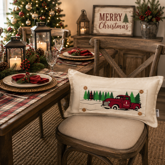 Red Buffalo Plaid Christmas Tree Truck Interchangeable Rectangle Pillow Panel