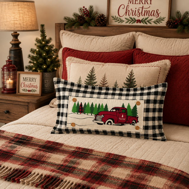 Red Buffalo Plaid Christmas Tree Truck Interchangeable Rectangle Pillow Panel