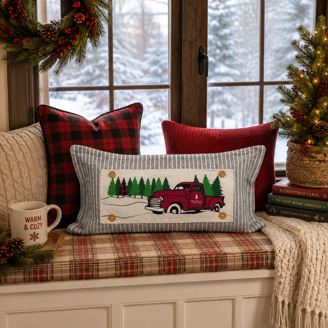 Red Buffalo Plaid Christmas Tree Truck Interchangeable Rectangle Pillow Panel
