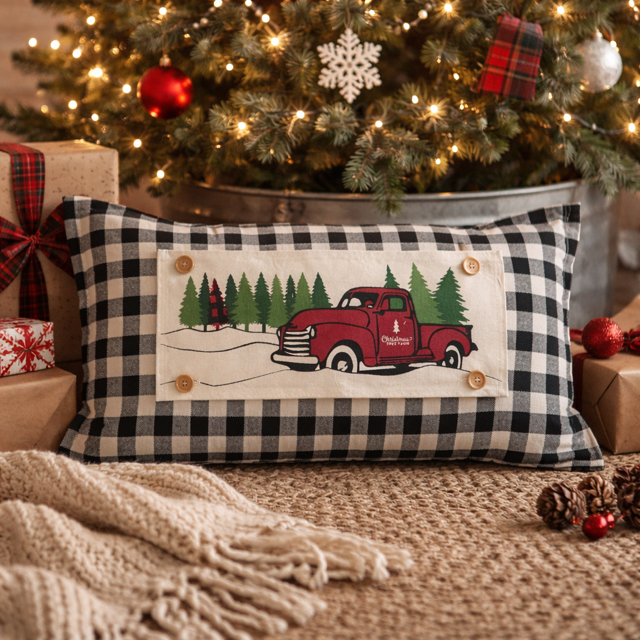 Red Buffalo Plaid Christmas Tree Truck Interchangeable Rectangle Pillow Panel