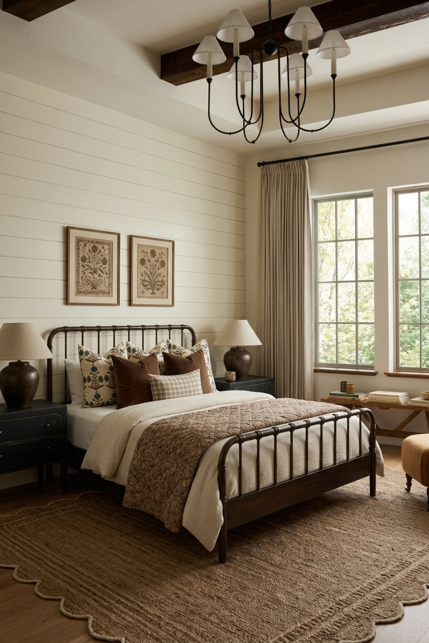 Cozy bedroom with a bed, lamps, and large windows.
