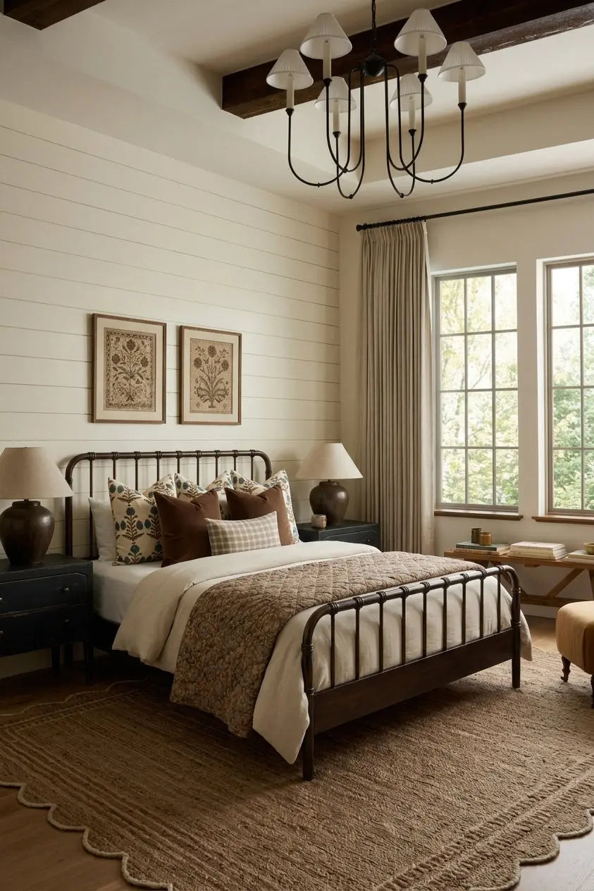 Cozy bedroom with a bed, lamps, and large windows.