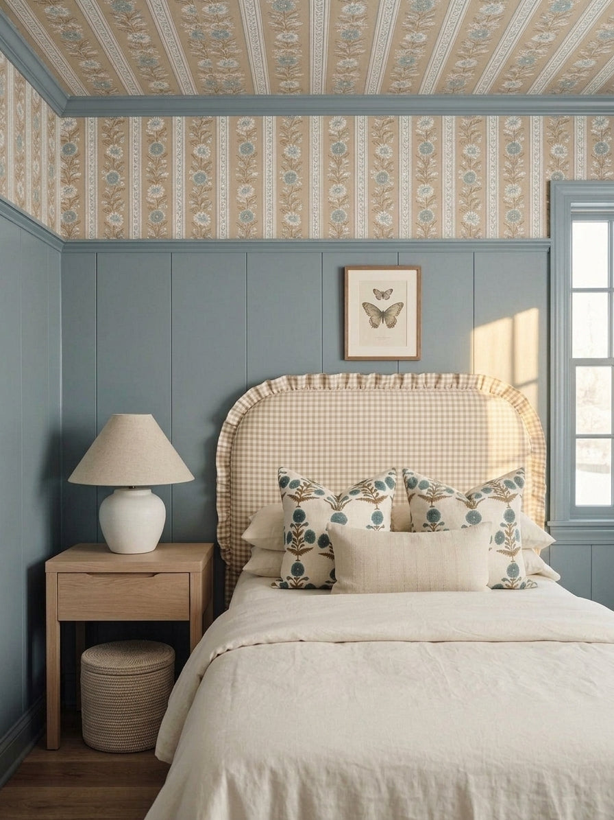 Bedroom with patterned wallpaper, checkered headboard, and decorative pillows.