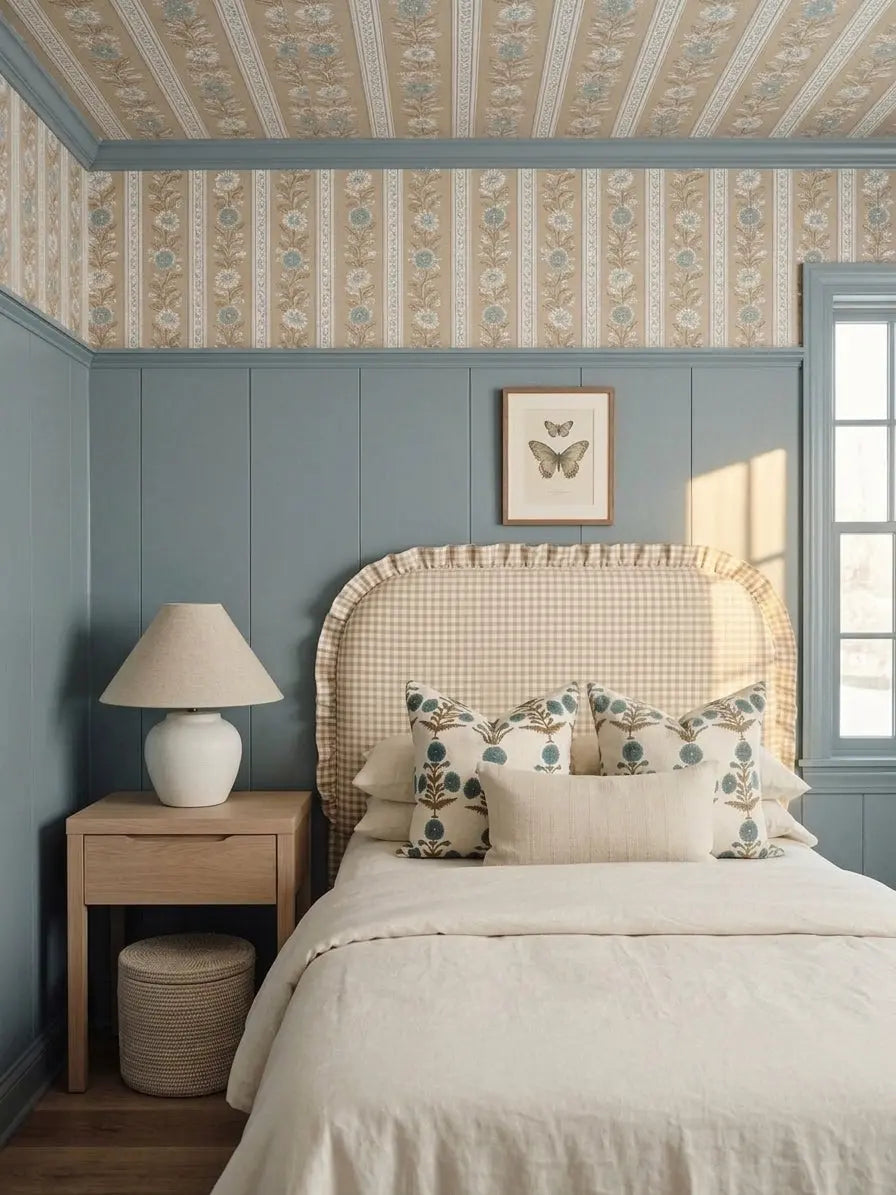 Bedroom with patterned wallpaper, checkered headboard, and decorative pillows.