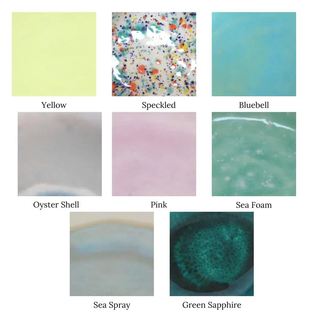 Color swatches for farmhouse decor including Yellow, Speckled, Bluebell, Oyster Shell, Pink, Sea Foam, Sea Spray, Green Sapphire