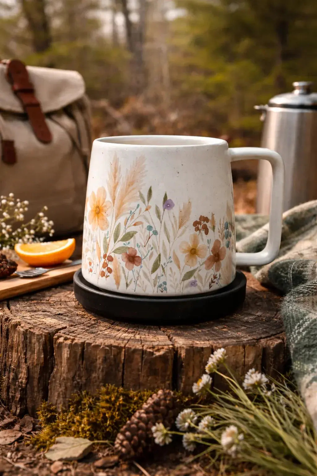 Floral ceramic mug with wildflower design, cozy outdoor woodland setting, farmhouse decor style