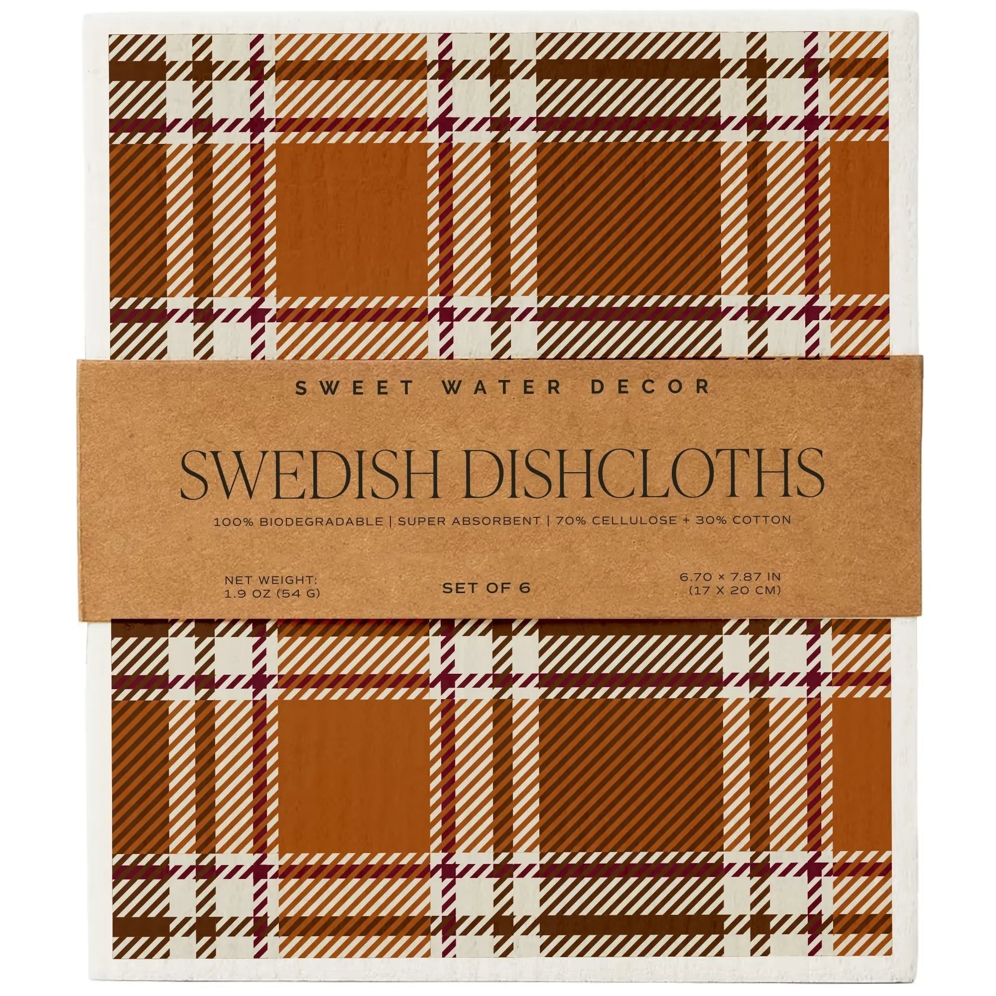 A set of six Swedish dishcloths by Sweet Water Decor, featuring a classic brown, beige, and white plaid pattern, wrapped in a brown kraft paper band.