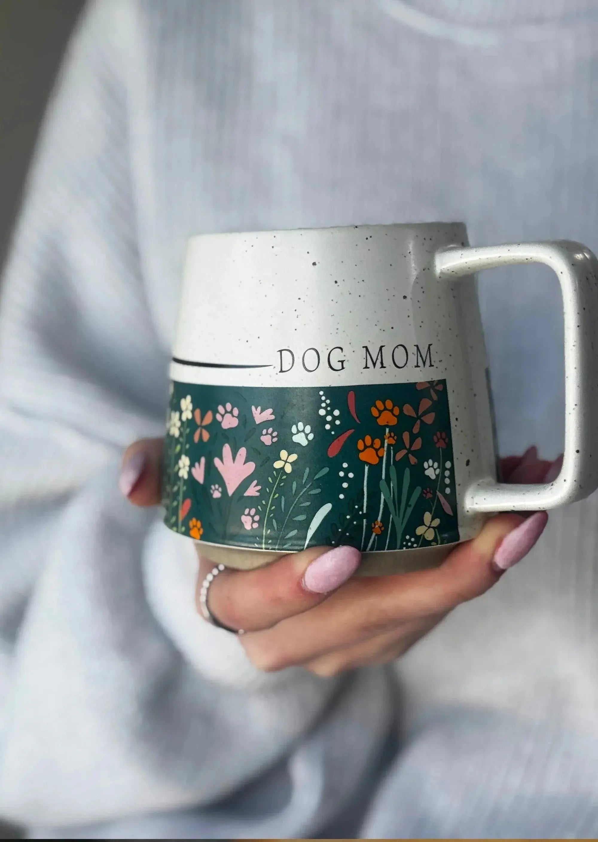Dog Mom ceramic mug with floral and paw print design, cozy farmhouse style home decor