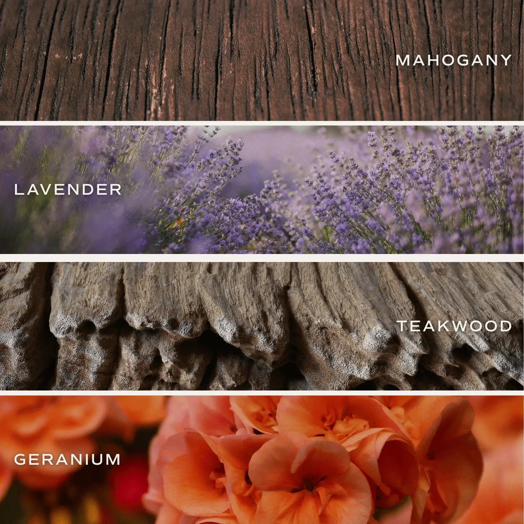 Mahogany, lavender, teakwood, and geranium scents for cozy farmhouse home decor and candles