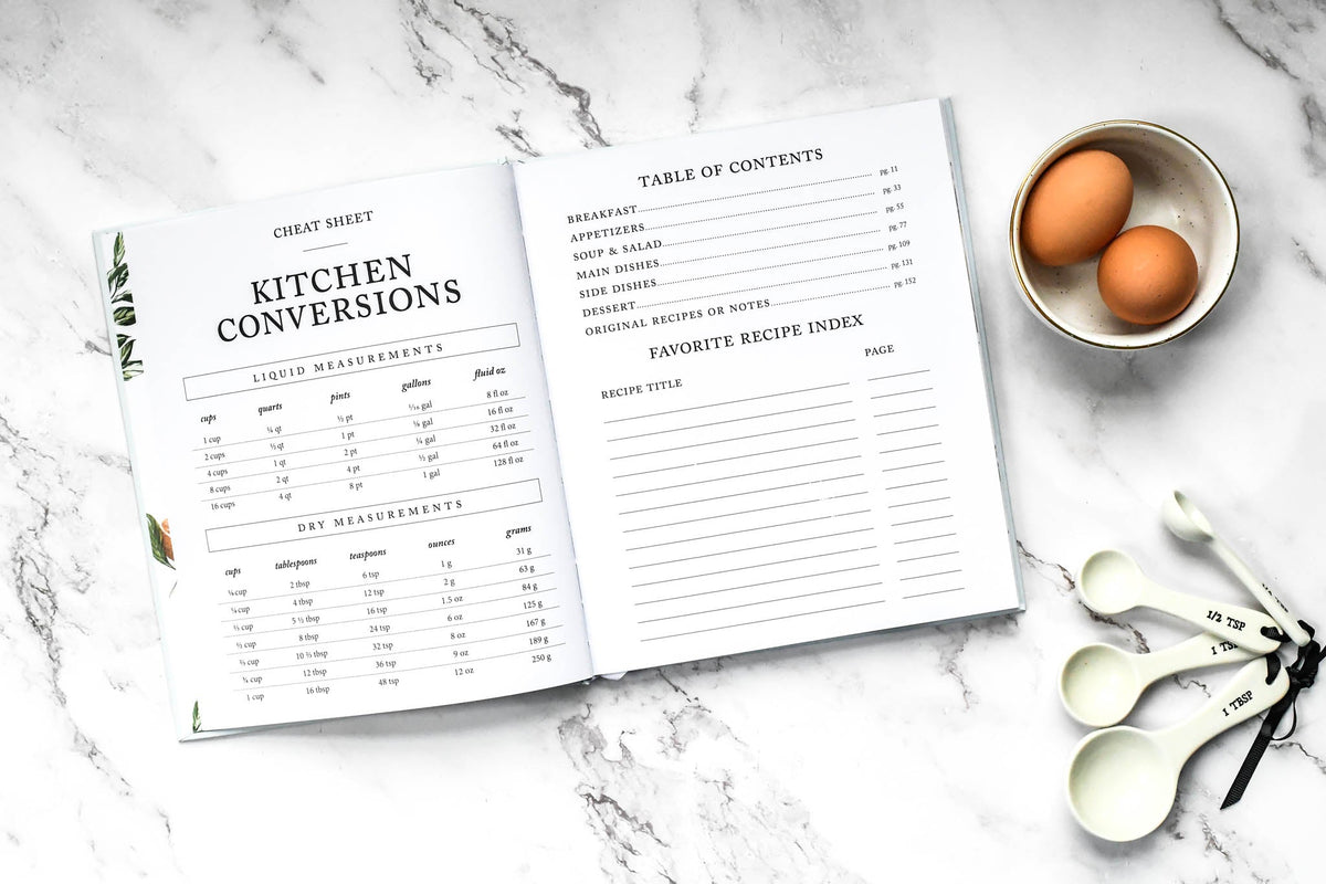 Kitchen conversions with liquid measurements, dry measurements and a Table of contents section