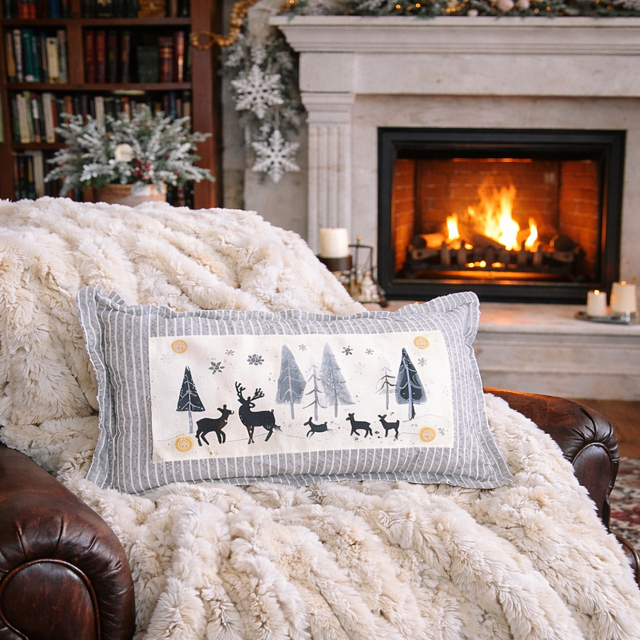 Decorative pillow with reindeer design on a cozy sofa in front of a fireplace.