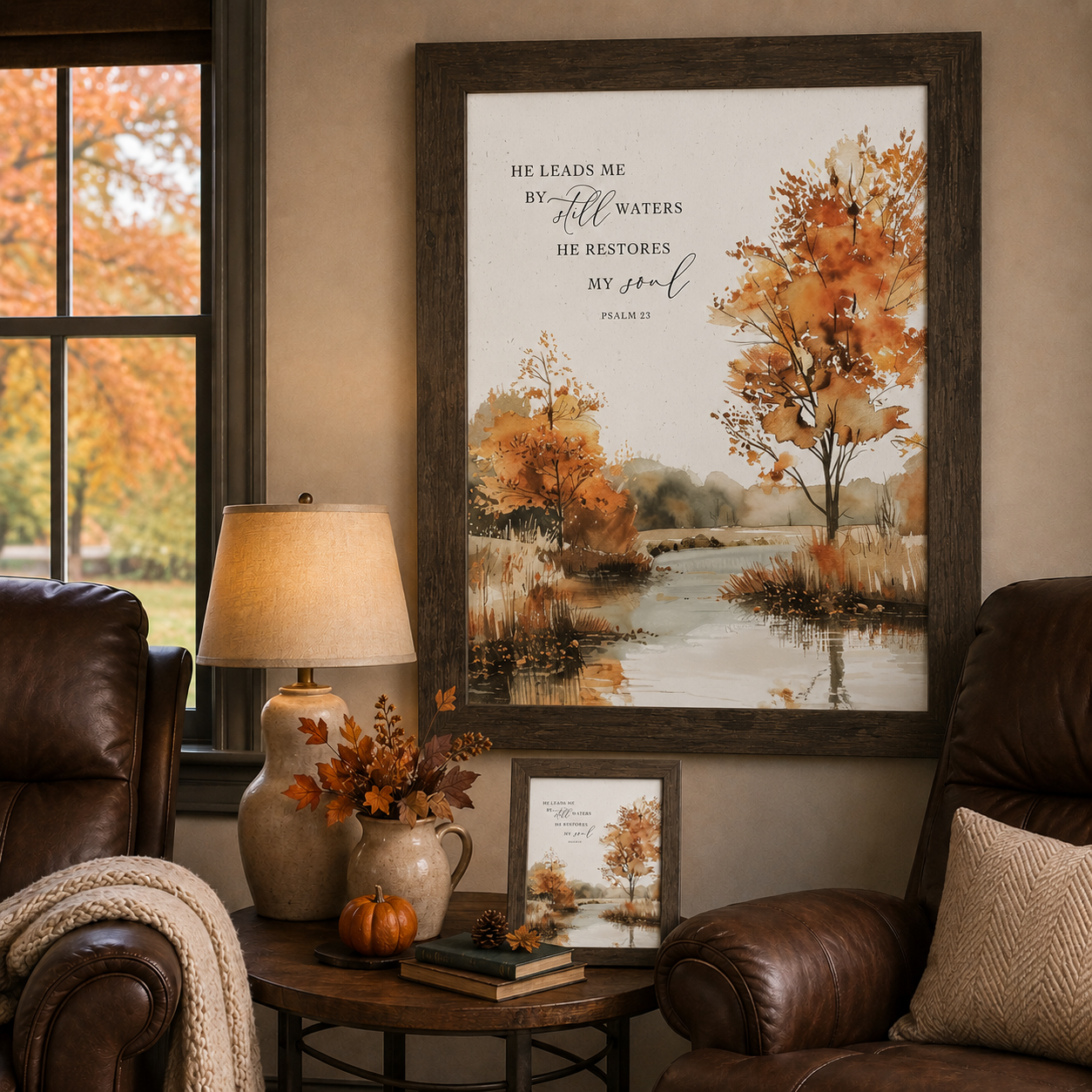 Cozy living room with autumn-themed decor, including a framed print and lamp.