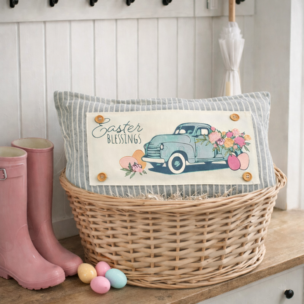 A decorative rectangular throw pillow with a striped blue-gray and white background and an Easter-themed illustration of a vintage truck carrying flowers, placed in a wicker basket on a wooden surface beside pink rain boots and pastel eggs.