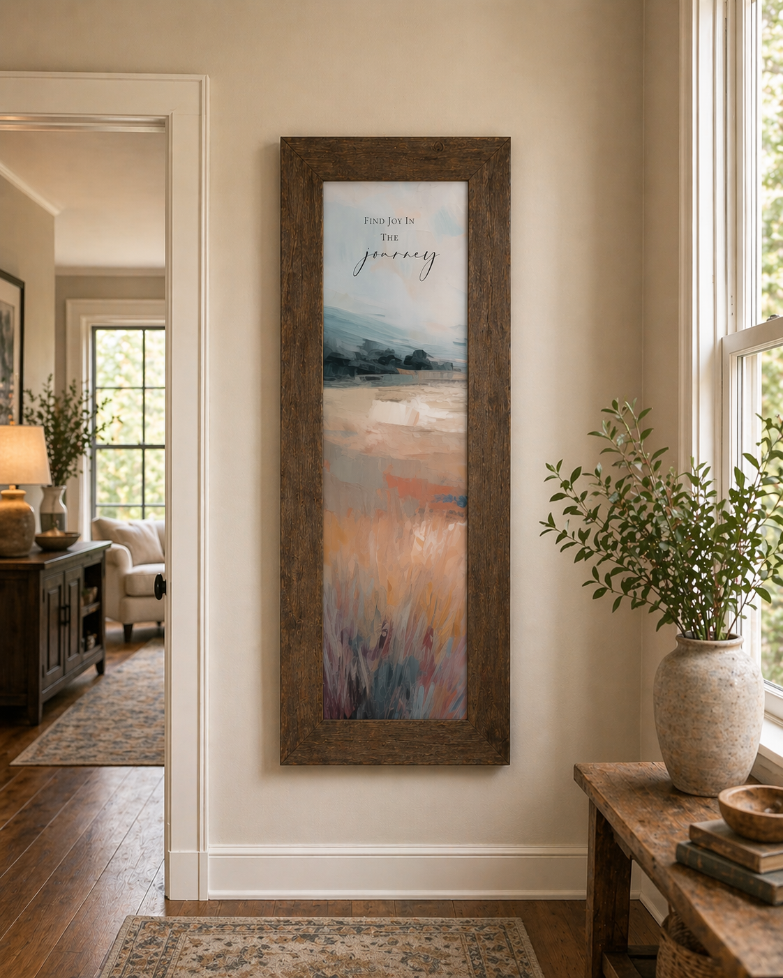 Framed artwork on a wall in a home setting with decor elements.