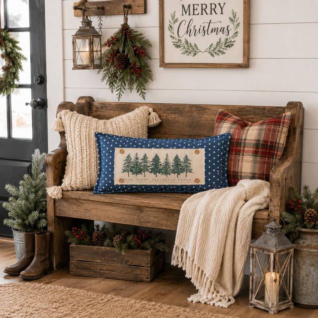 A rustic wooden bench in a decorated holiday home setting, styled with a navy blue Christmas tree print lumbar pillow, a cream knit throw pillow, a red plaid pillow, a cream knit throw blanket, and rustic decor including lanterns, a wreath, and a 'Merry Christmas' sign.