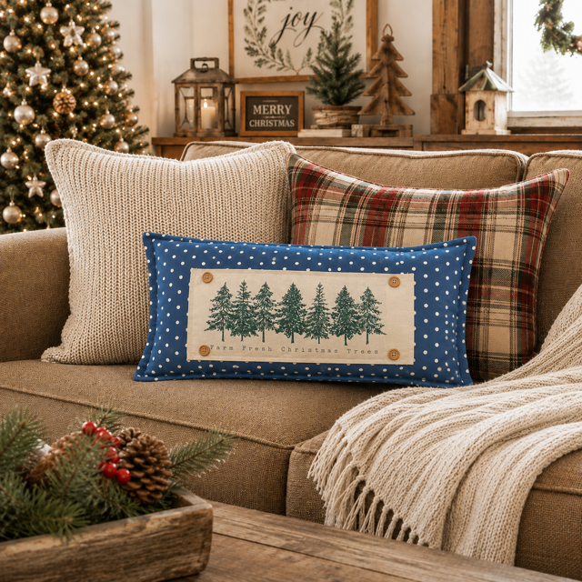 A rectangular blue holiday throw pillow with a white polka-dot border and a cream center panel featuring green pine trees, styled on a beige sofa with other Christmas pillows in a cozy living room setting.