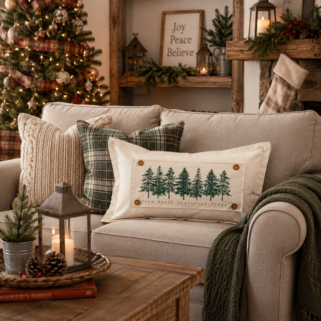A cozy living room scene with a light beige sofa decorated with Christmas throw pillows, including a central cream pillow with green pine tree embroidery and the words 'New England Christmas Farm.' A decorated Christmas tree, fireplace mantel, lanterns, and knit blanket are visible in the background.