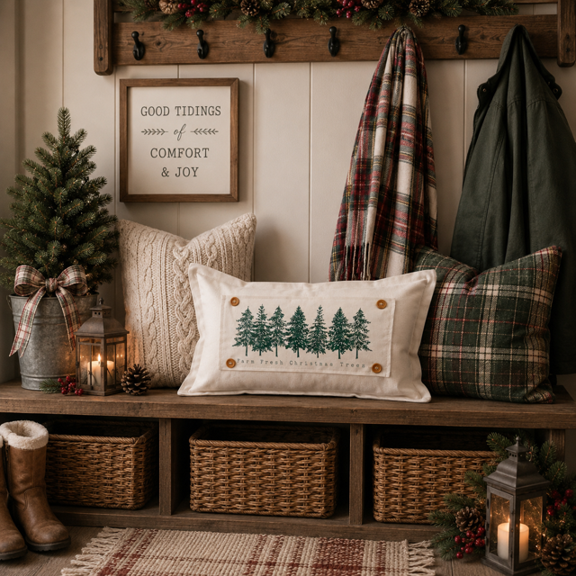 A cozy holiday-themed entryway scene featuring a cream throw pillow with embroidered pine trees and the text 'TO TIMES OBLIGED AS THOSE' resting on a wooden bench. The bench is decorated with plaid and knit pillows, baskets, a small potted tree, lanterns, and hanging jackets against a paneled wall.