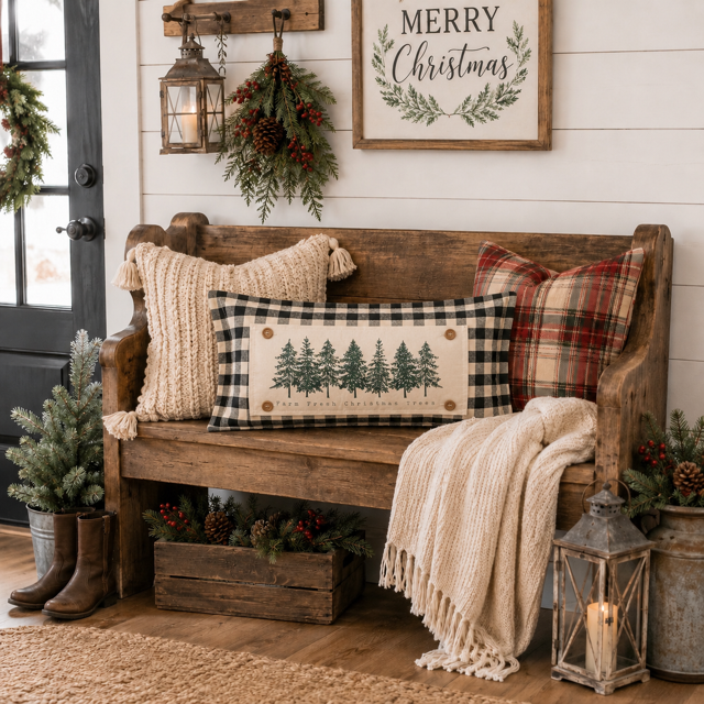 A rustic wooden bench in a decorated holiday home setting, styled with a cream knit throw pillow, a black and white buffalo plaid pillow with a pine tree design, a red and beige plaid pillow, a cream knit blanket, and a small Christmas wreath.