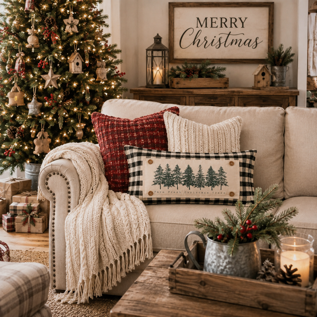 A cozy living room scene with a beige sofa styled for Christmas, featuring a black-and-white buffalo plaid pillow with a pine tree design and the words 'Merry Christmas' on it, alongside red and cream knit pillows and a cream throw blanket. A decorated Christmas tree, wrapped gifts, and a rustic coffee table with candles are visible in the foreground.
