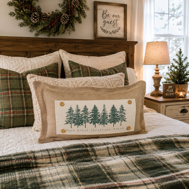 A rectangular decorative pillow with a burlap-textured beige border and a central cream panel printed with green pine trees and the words 'Pine Tree Collection', styled on a bed with plaid and cream pillows in a warm, rustic bedroom setting.
