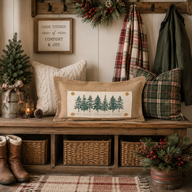 A rustic Christmas-themed entryway scene featuring a rectangular burlap throw pillow with embroidered green pine trees and the text 'Farm Fresh Christmas Tree' in the center. The pillow is styled on a wooden bench with other holiday decor, including plaid scarves, a framed sign, a small tree, and wicker baskets.