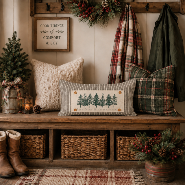 A cozy rustic entryway scene featuring a rectangular decorative throw pillow with a pine tree illustration and the words 'Winter Wonderland' on the front. The pillow is styled on a wooden bench with other holiday-themed pillows, baskets, a small tree, and boots.