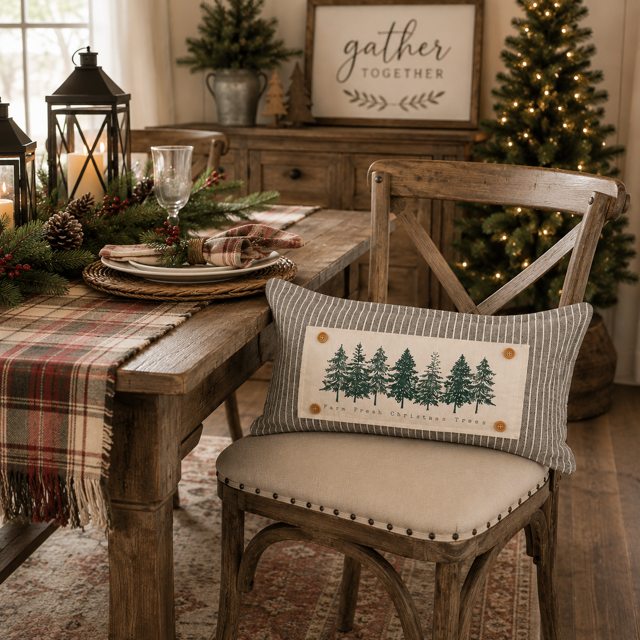 A rectangular throw pillow with a pine tree design and the words 'The Peaceful Pine Tree' is styled on a wooden dining chair in a rustic dining room setting with a table, lanterns, and a Christmas tree in the background.
