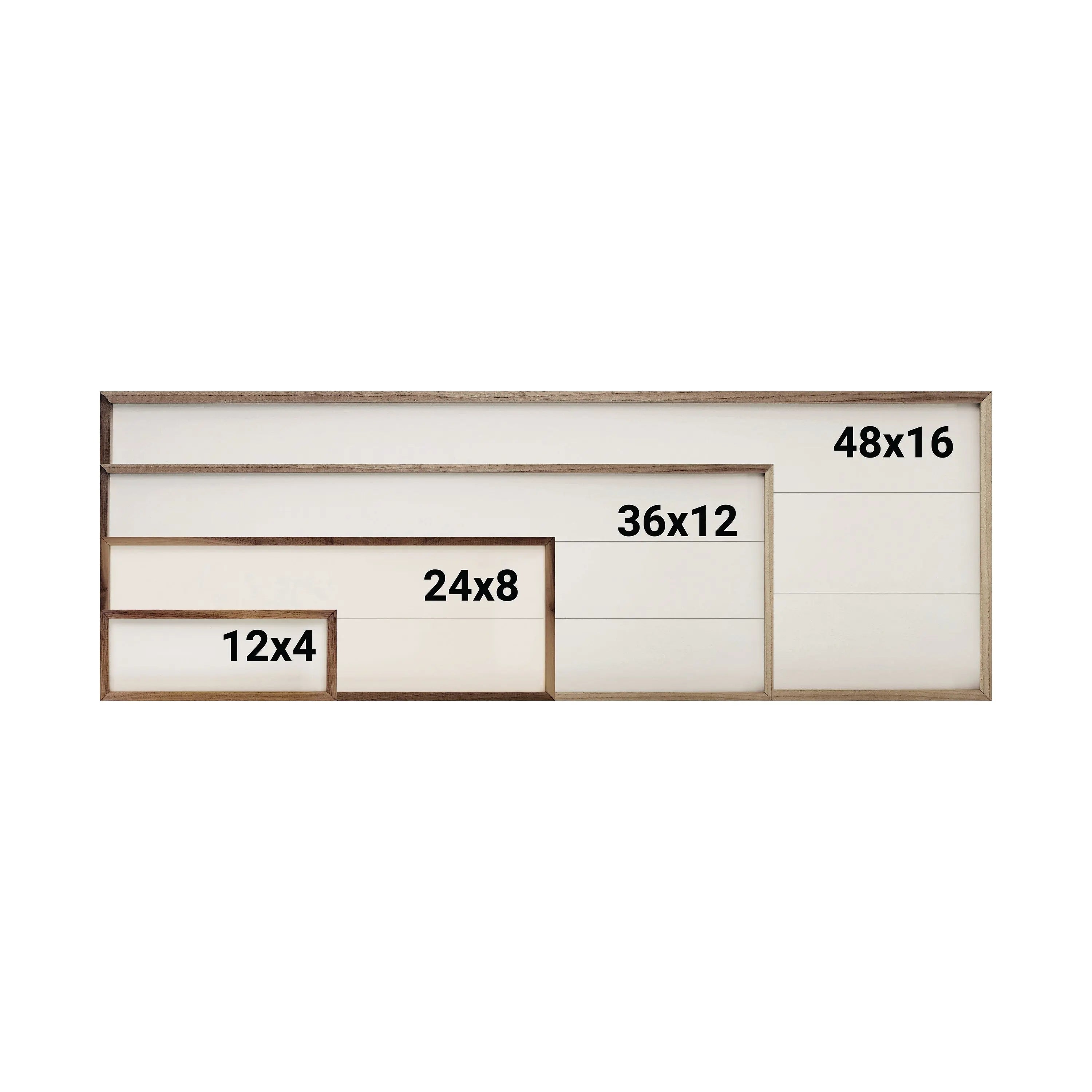 Set of wooden picture frames with dimensions labeled on a white background