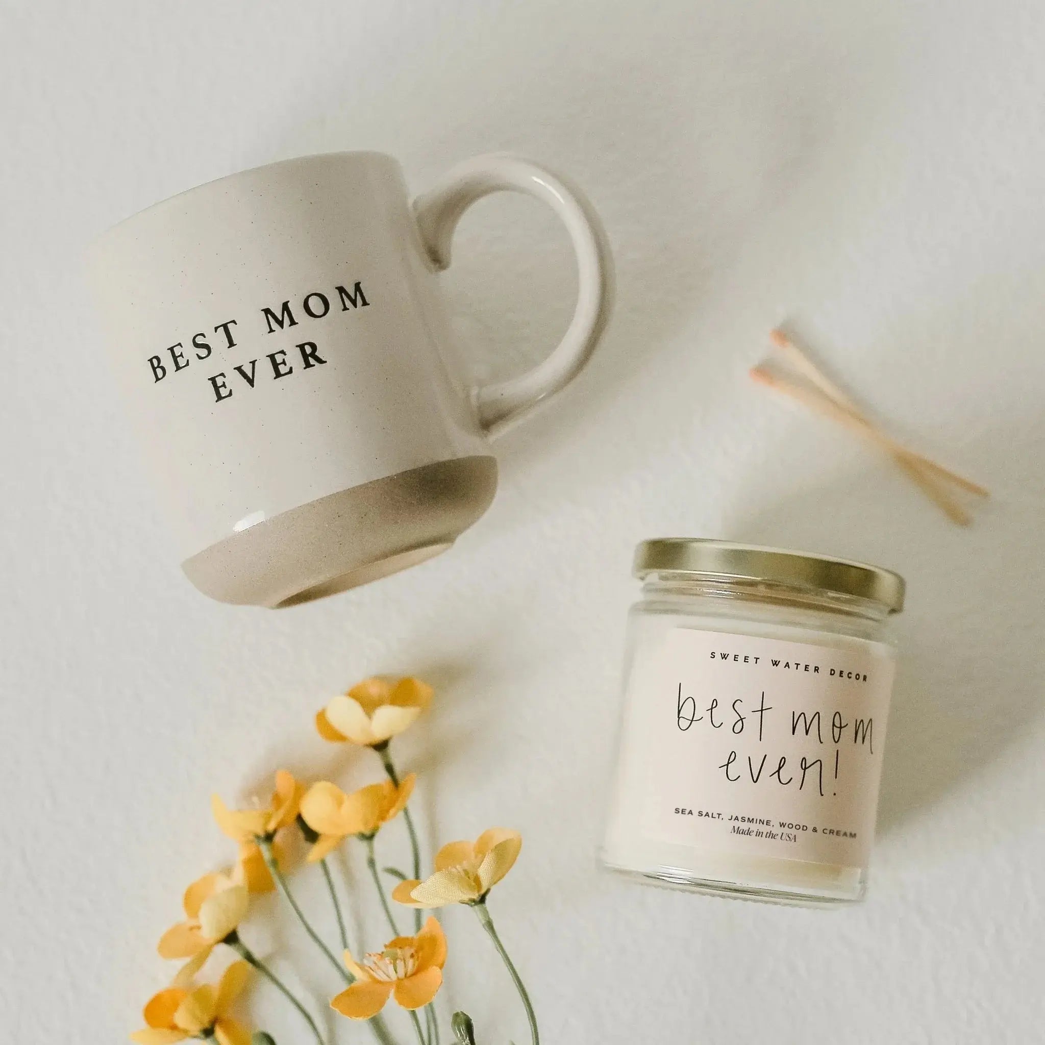 Best Mom Ever mug and candle set with yellow flowers, cozy farmhouse gift idea