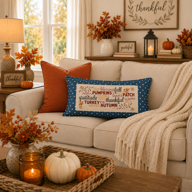 An autumn-themed throw pillow with a blue polka-dot border and a cream center panel featuring Thanksgiving and fall words, styled on a beige sofa in a cozy living room with pumpkins, a blanket, and fall decor.