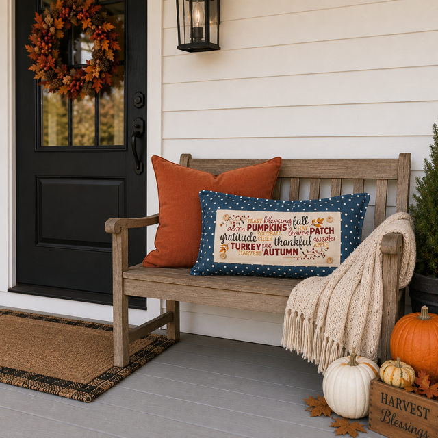 A decorative autumn throw pillow with a Thanksgiving-themed quote sits on a wooden bench on a front porch. The pillow is navy blue with white polka dots and a cream center panel featuring multicolored text and fall illustrations.