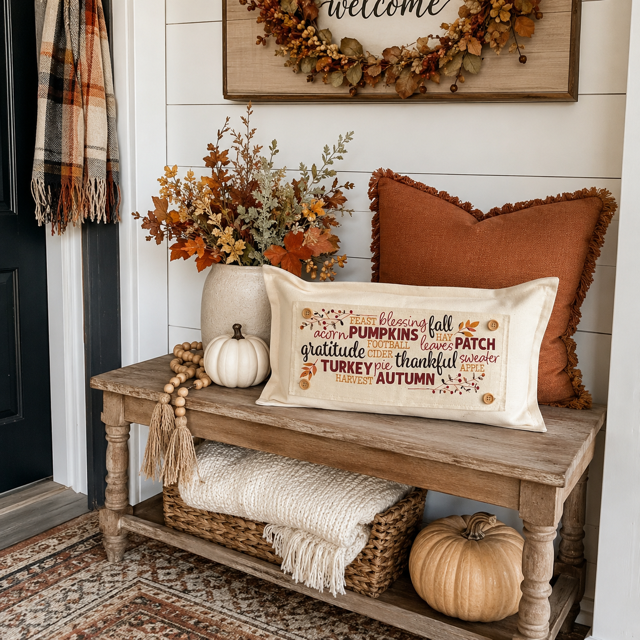 A styled autumn entryway scene with a wooden bench holding a cream pillow printed with fall-themed words and small illustrations, plus pumpkins, a vase of dried flowers, a throw blanket, and a rust pillow against a white shiplap wall.