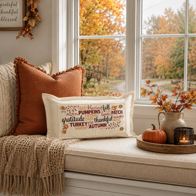 A cream rectangular decorative pillow with autumn-themed typography and fall leaves sits on a beige window seat in a cozy living room setting. The pillow features words like 'gratitude', 'thankful', 'Turkey', and 'Autumn' surrounded by seasonal illustrations.