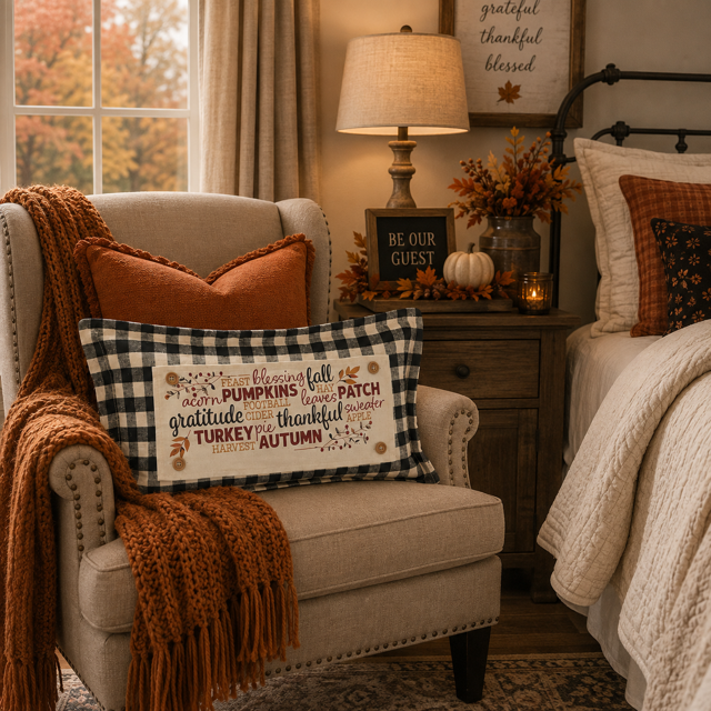 A cozy bedroom scene with a beige armchair draped in an orange knit blanket, a black-and-white buffalo plaid accent pillow featuring a fall-themed quote, and a matching orange pillow. A wooden nightstand with a lamp, small pumpkin, and autumn decor sits beside a bed with cream bedding.