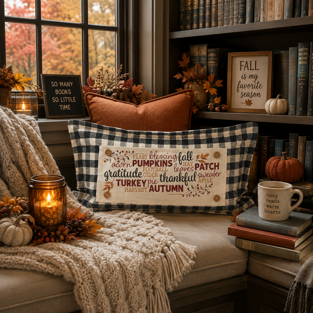 A decorative throw pillow with a gingham border and autumn-themed printed text sits on a cozy bookshelf in a styled fall room scene with candles, books, pumpkins, and a blanket.
