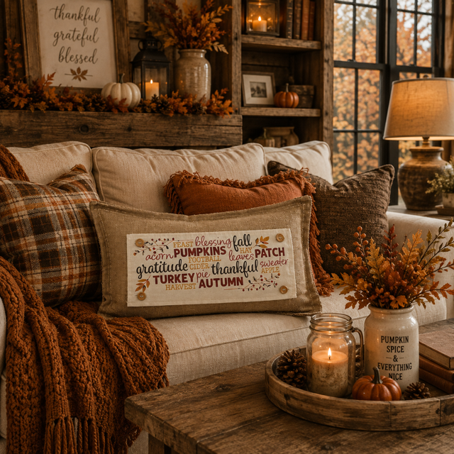 A cozy autumn living room scene with a beige sofa decorated with plaid and textured throw pillows, including a central square pillow with a fall-themed word cloud reading 'Blessing fall autumn grateful Thanksgiving Turkey'. A rustic coffee table holds a lit mason jar candle and a small pumpkin, with shelves and a window in the background.