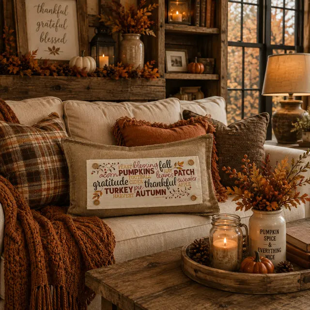A cozy autumn living room scene with a beige sofa decorated with plaid and textured throw pillows, including a central square pillow with a fall-themed word cloud reading 'Blessing fall autumn grateful Thanksgiving Turkey'. A rustic coffee table holds a lit mason jar candle and a small pumpkin, with shelves and a window in the background.