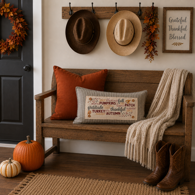 A styled autumn entryway scene with a wooden bench holding an orange pillow, a striped pillow with fall-themed text, a cream throw blanket, and brown cowboy boots. A black door with a fall wreath is on the left, and wall-mounted hats and a framed sign appear above.
