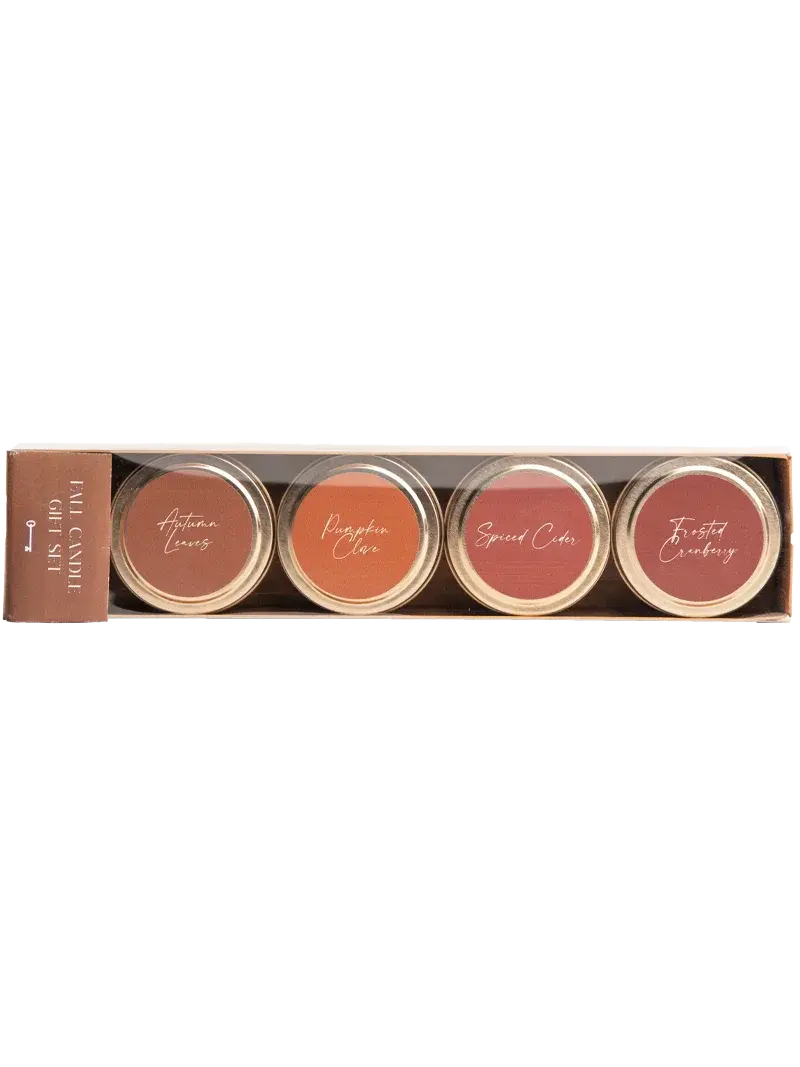 Fall candle gift set with autumn scents like Pumpkin Clove and Spiced Cider in cozy farmhouse style packaging