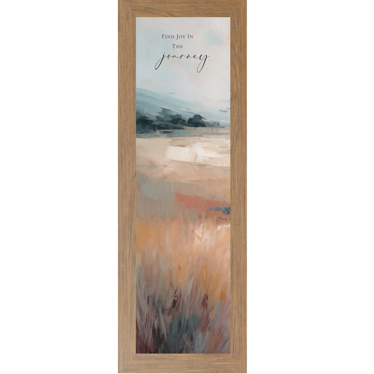 Framed artwork with a scenic landscape and motivational quote on a white background