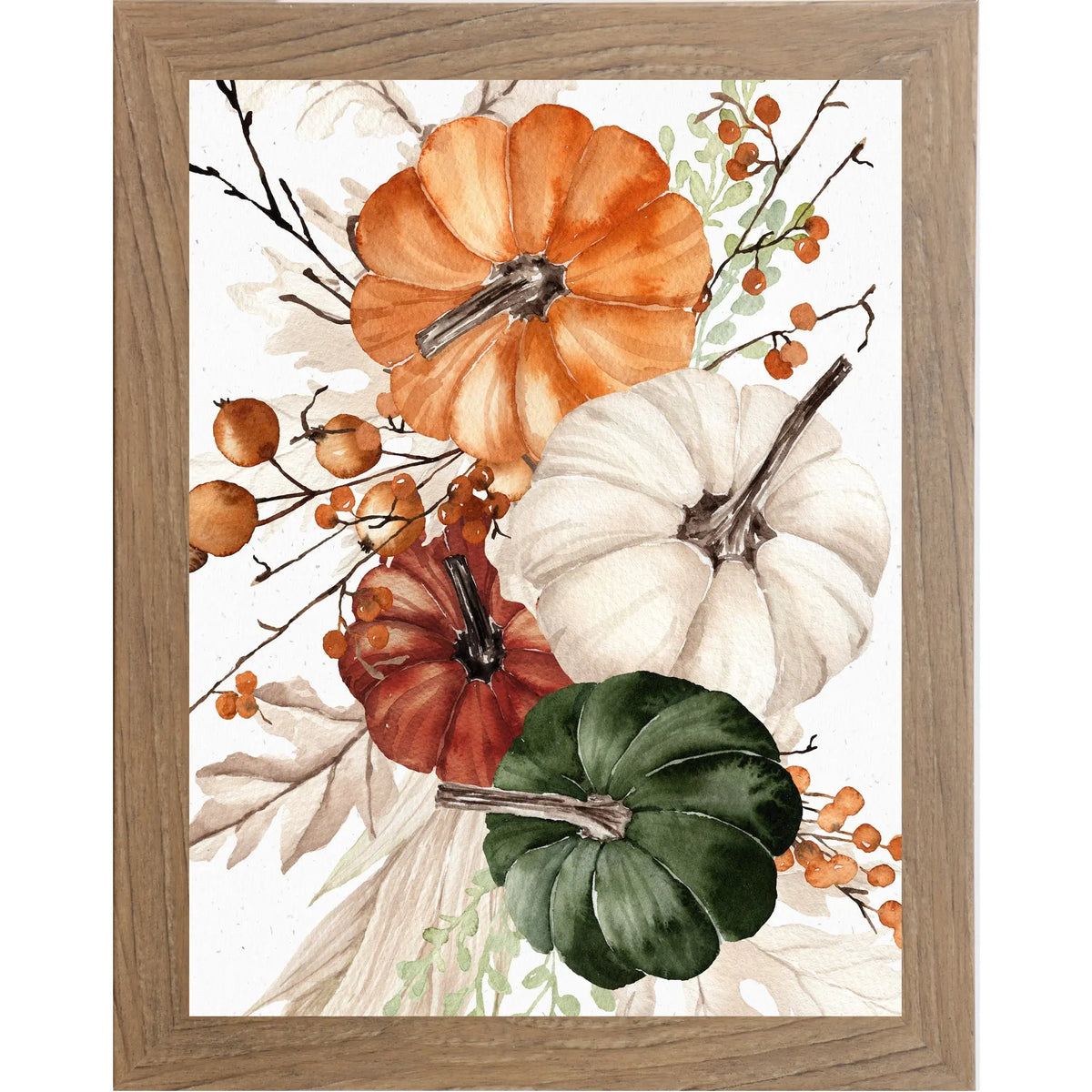 Framed artwork of pumpkins and berries with a wooden frame
