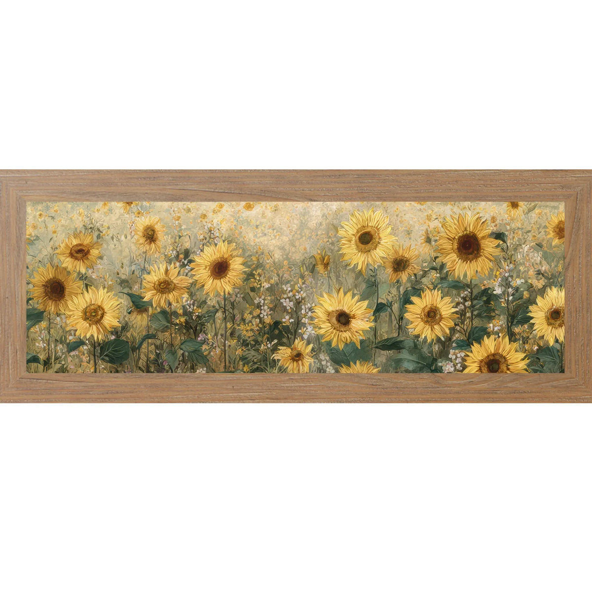 Framed artwork of sunflowers on a white background