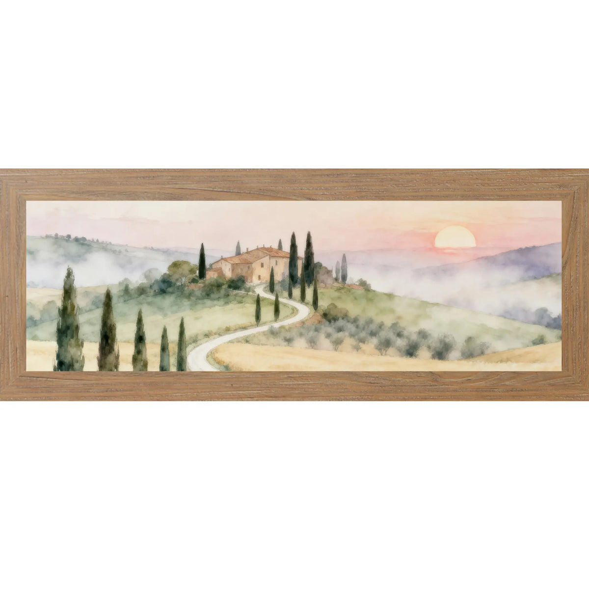 Framed artwork of a Tuscan landscape with a house, cypress trees, and sunset.
