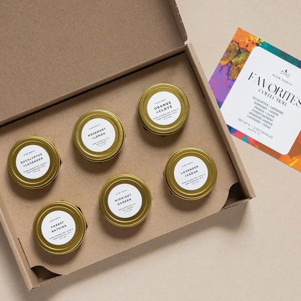 Set of 6 farmhouse-style soy candles in gold tins, cozy home decor gift set with essential oil scents
