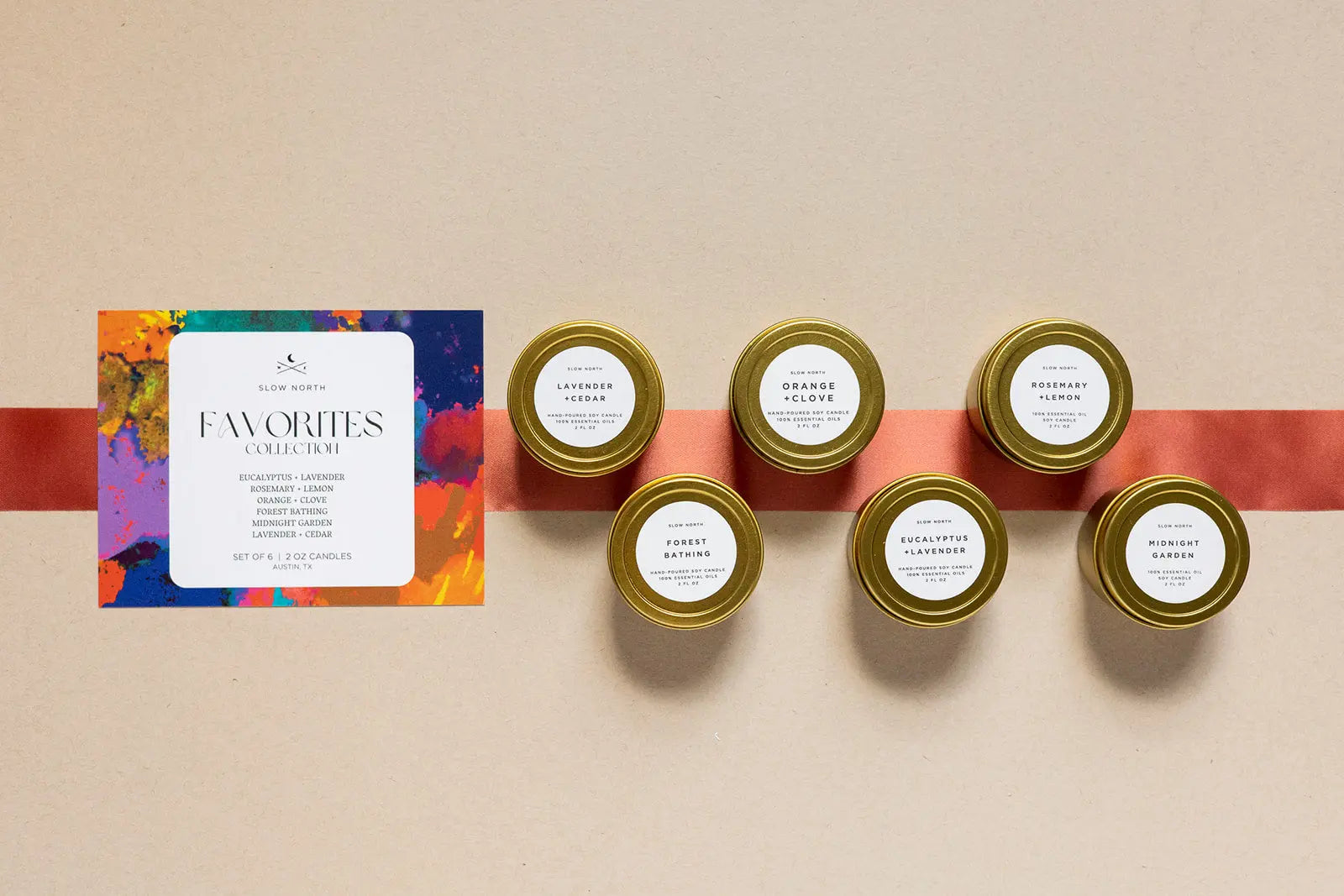Set of 6 cozy soy candles in gold tins, farmhouse-style home decor with essential oil scents like lavender and eucalyptus