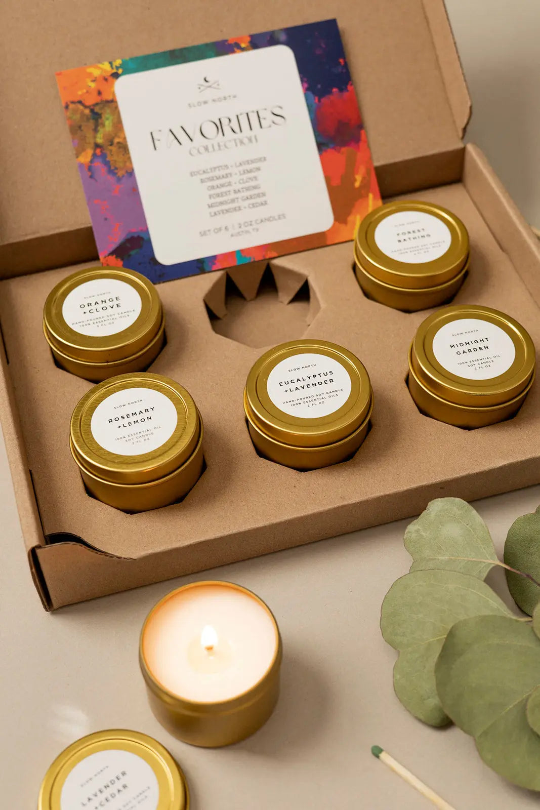 Set of 6 cozy soy candles in gold tins, farmhouse gift box with eucalyptus, lavender, and citrus scents
