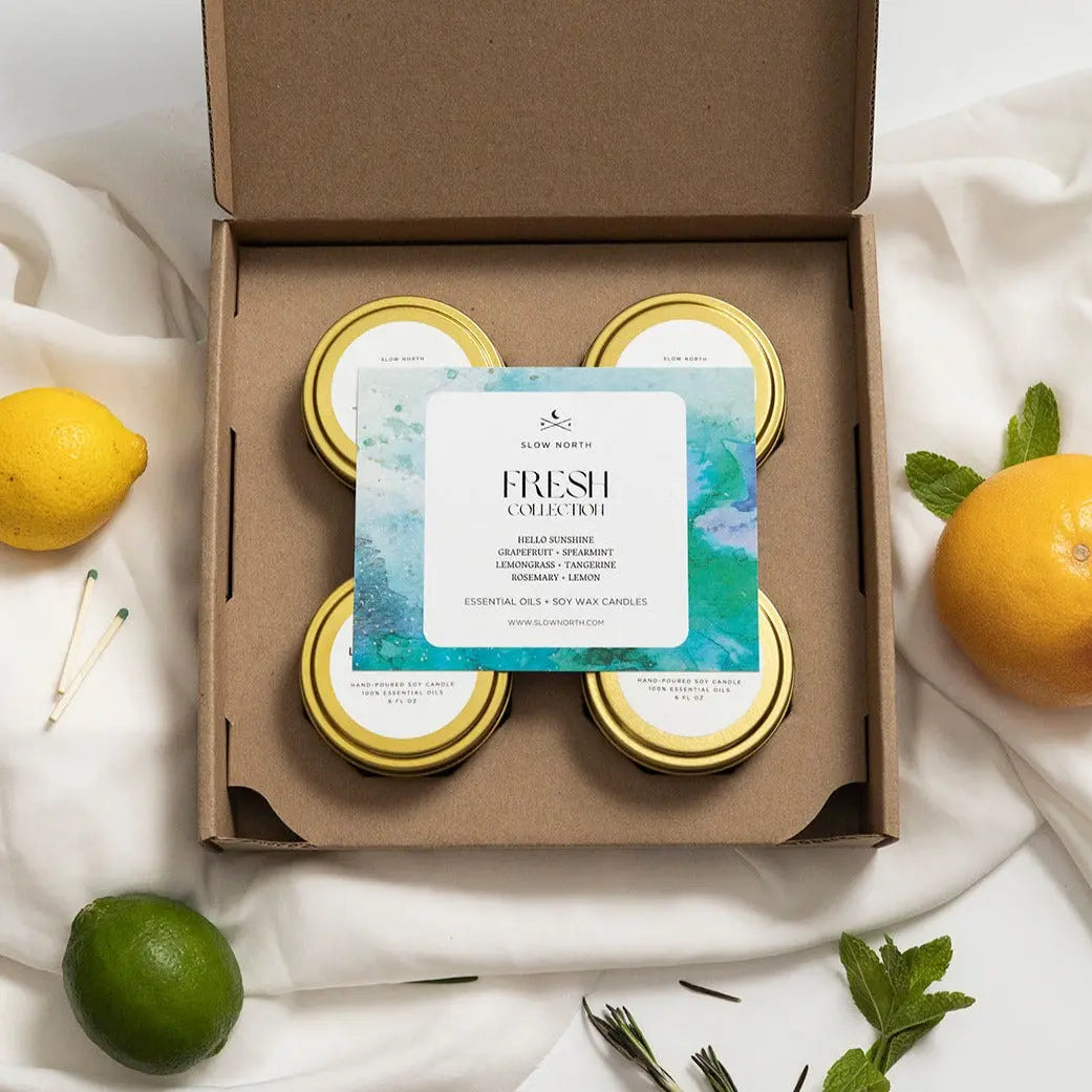 Fresh Collection soy wax candles with citrus & herb scents in gift box, farmhouse decor
