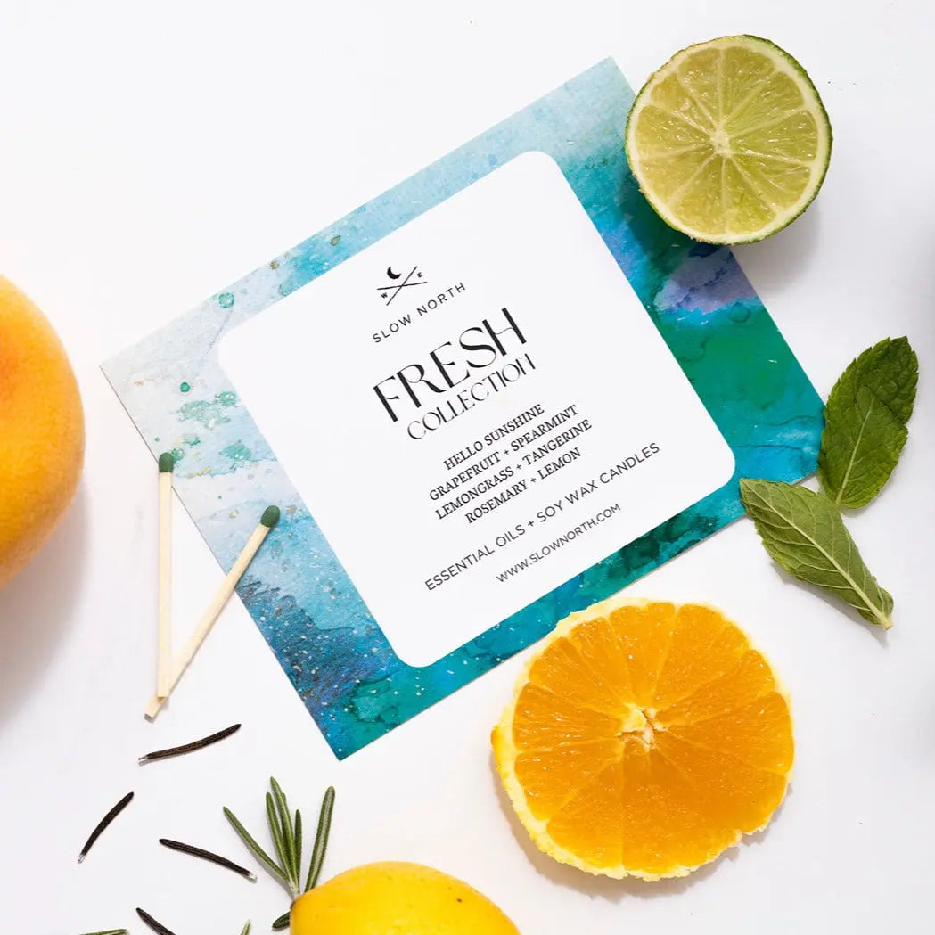 Fresh Collection soy wax candles with citrus & herb accents, ideal for cozy cottage-style home decor
